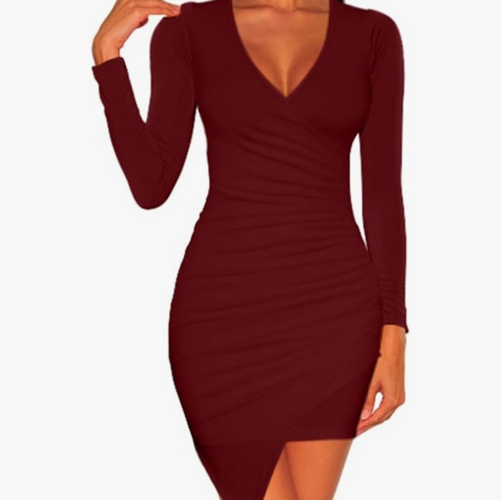 ZileZile Women's Sexy Bodycon Long Sleeve Ruched Deep V Neck Wrap Club Mini Dres
